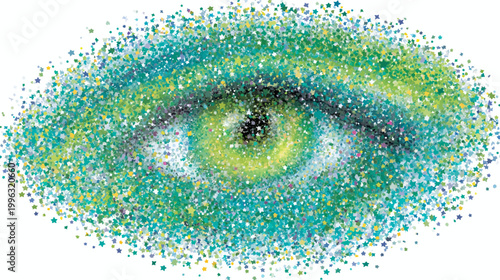 Artistic depiction of an eye, crafted from small, colorful star-shaped particles