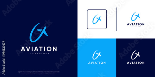 Travel logo with airplane concept and turbulent tail effect, graphic design illustration