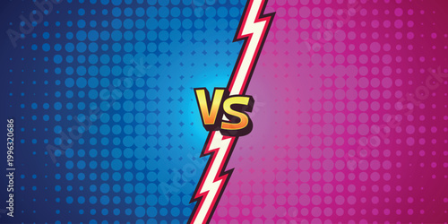 Comic Versus Vector Background. Versus Battle Screen. Versus vs Arena Split. Blue Pink Halftone Divider. Game Competition Banner Template, Dynamic Fighting Poster Backdrop