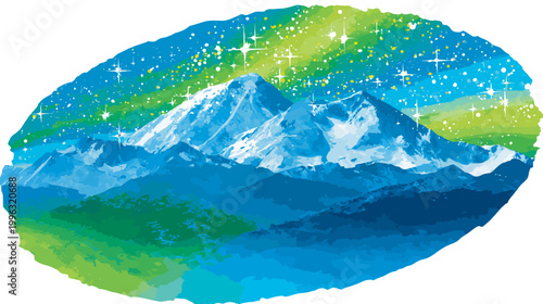 A stylized illustration presents mountains beneath a starry sky, contained in an oval frame