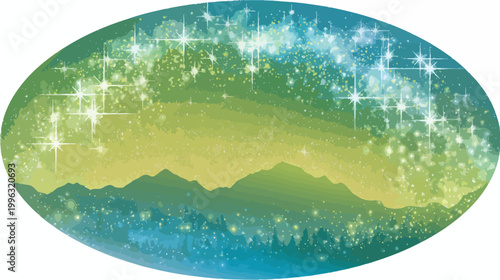 An oval-shaped illustration of a vibrant night sky with bright stars, mountains, and a forest