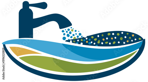 Illustration depicts a faucet with water flowing into a basin with a colorful, dotted interior
