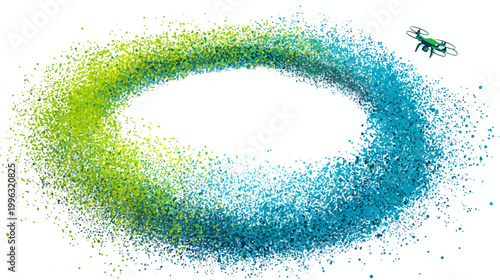 An abstract image featuring a green and blue dotted ring and a hovering drone