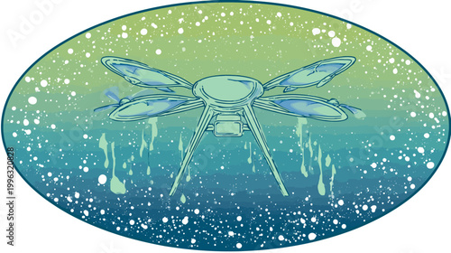 A stylized illustration features an aerial drone inside an oval frame with watercolor effects