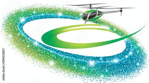 A helicopter flies through a shimmering, glittery arc over a white background