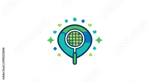 A stylized illustration featuring a badminton racket within a design of turquoise and green hues