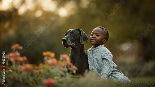 cheerful child and energetic dog are joyfully exercising outdoors in early morning sun