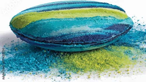 A stylized illustration features a layered blue, green, and yellow confection with colorful crumbs