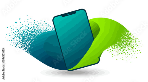 A teal mobile phone with a green abstract shape on a white background, with blue and green dot particle effects