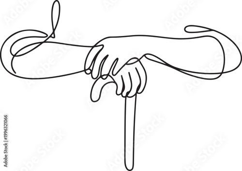an elderly person's arms and holding a cane. one line art icon drawing vector