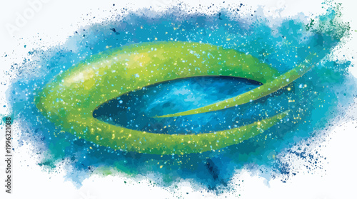 Abstract watercolor artwork featuring swirling blues, greens, and yellow within a textured, splashy design