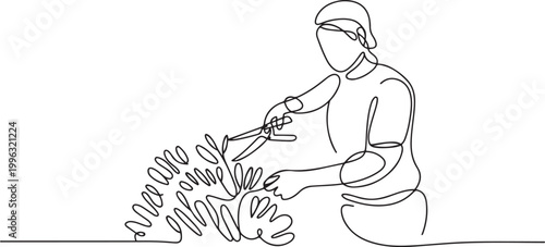Single one line drawing of Gardener Trimming Garden Plants. Farming challenge minimal concept. one line art icon drawing vector