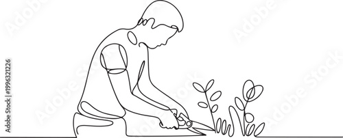Single one line drawing of Gardener Trimming Garden Plants. Farming challenge minimal concept. one line art icon drawing vector