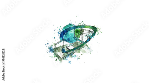 Watercolor illustration of a complex structure in blue and green hues against a white backdrop