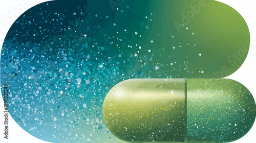A stylized illustration featuring a capsule set against a shimmering, gradient background