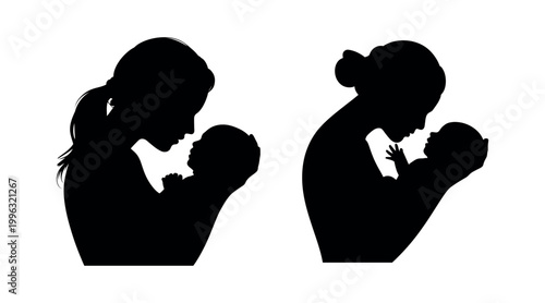 Mother and baby silhouette vector set, black silhouettes of woman holding newborn infant, maternal love and parenting concept icons