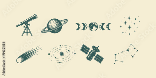 Cosmic and Galaxy Exploration Vector Bundle, Clean Flat Space Illustration Pack