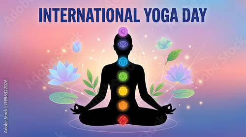 International Yoga Day Celebration Global Awareness Poster Design Serene Environment Meditative Viewpoint Mindfulness ConceptImage is a digital illustration with a serene and calming style, featuring 