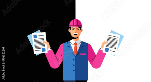 A cartoon man holding papers in both hands.