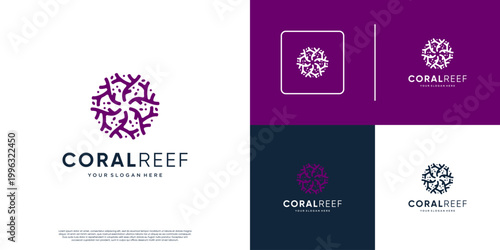 underwater life logo, with coral reef shape, protection, preservation, graphic vector template.