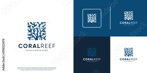 marine biota logo, square coral reef shape, nature conservation, diving, tourist destination, graphic vector template.