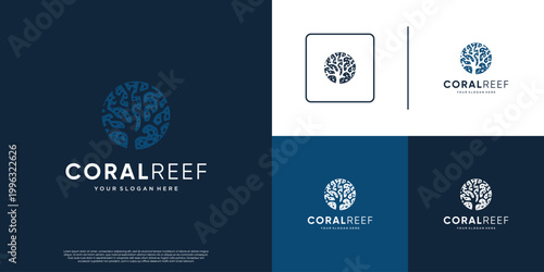 coral reef logo with negative space style, diversity, underwater life, vector design illustration.