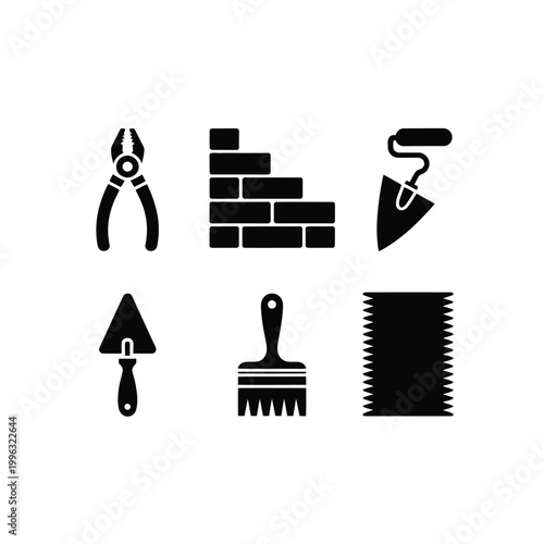 A set of black construction tools and equipment silhouettes on a gray background