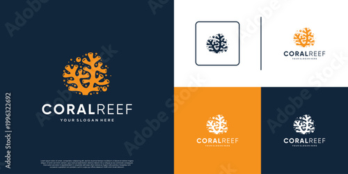 Underwater beauty logo with coral reef shape, marine ecosystem, balance, vector design template.