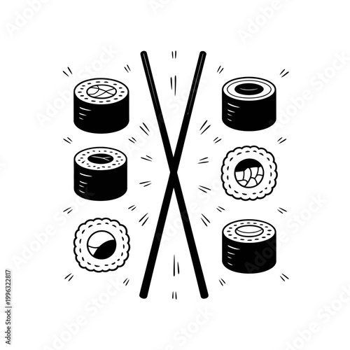Sushi icon set with chopsticks and various rolls in black and white