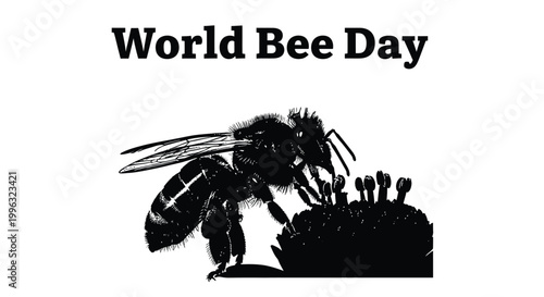 World Bee Day black and white vector illustration of a honeybee pollinating a flower for environmental awareness.