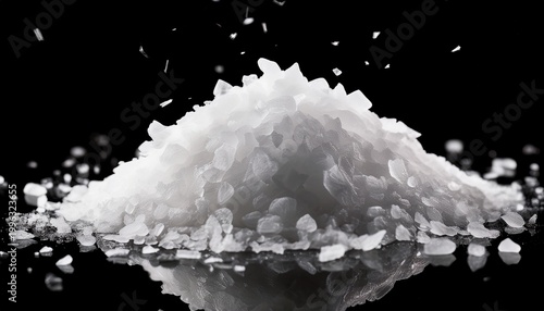 crystalline salt flakes isolated on black background for culinary and industrial applications