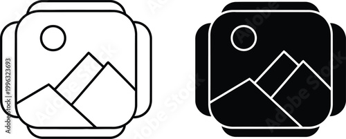 Vector icons of black and white camera with mountain landscape inside