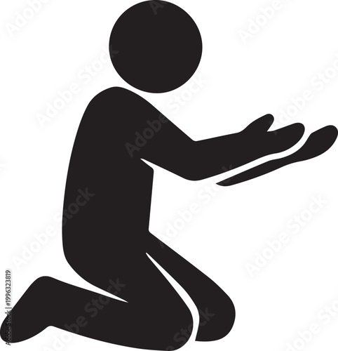 Silhouette of a person kneeling with open hands representing prayer begging or asking for help isolated on a white background