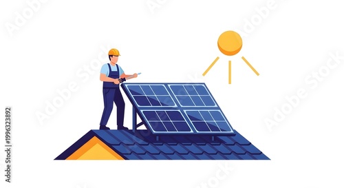 Solar Panel Installer on Roof Under Bright Sun