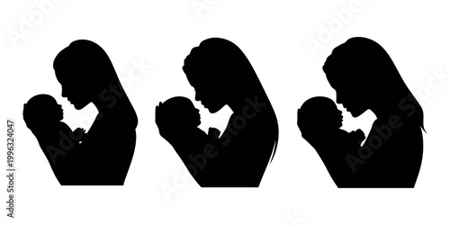 Mother and baby silhouette set, black profile icons of woman holding newborn, maternal love and parenting vector collection, family bonding graphics