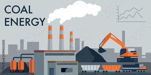 Flat illustration of a coal-fired power plant. Editable element.