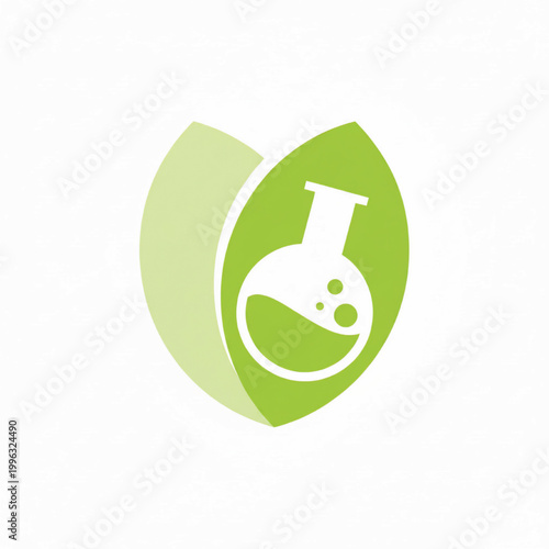 Laboratory flask icon with green and light green heart shape for medical research, bioengineering and ecology branding