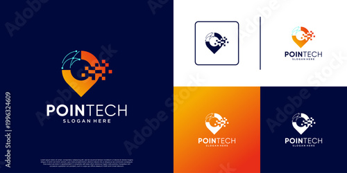 global location service logo, with pin and pixel shard concept, monitoring, graphic design template.