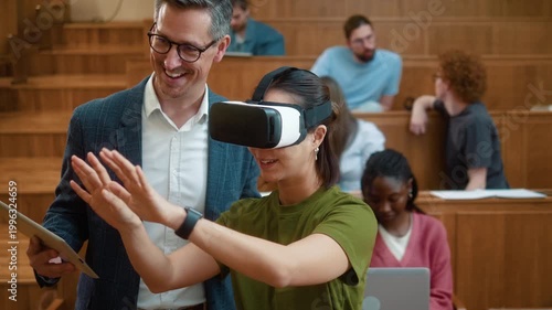 Professor with digital tablet guiding Korean female student using VR headset during university class. Diverse students observe immersive learning experience with laptop and modern education technology
