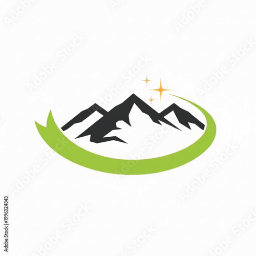 Mountain range illustration with green swoosh, sparkles, and stylized peaks for outdoor adventure branding concept