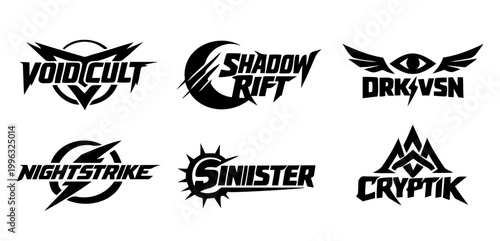 Dark streetwear inspired fictional logo style symbols set with aggressive abstract branding and gothic design elements