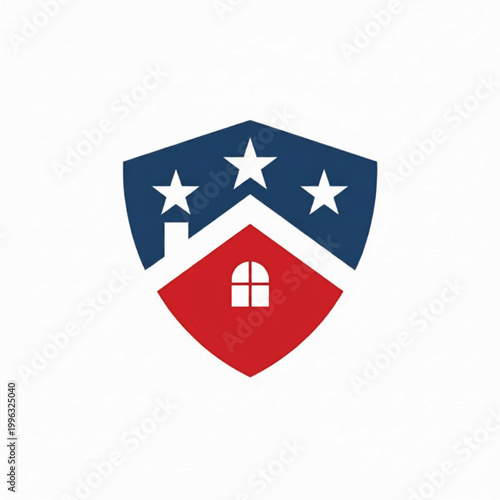 Shield emblem with red center, white roof shape, and blue top featuring three stars for sports or loyalty branding
