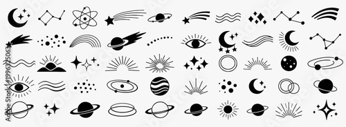 Celestial doodle icons set with stars moon planets and mystical symbols
