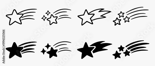 Shooting star doodle icons set with motion lines and comet elements