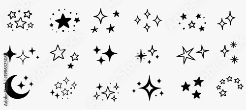 Sparkle star doodle icons set with twinkle shine and glow elements