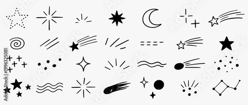 Celestial doodle icons set with stars moon planets and mystical symbols