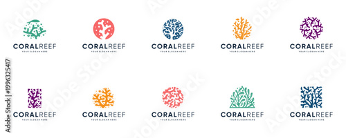 Collection of marine biota logos with coral reef concepts, symbols of conservation, natural balance, vector graphic design.