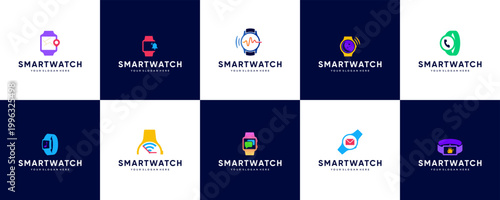 Collection of modern technology logos with smart watch concept, interconnected, notification, monitoring, vector design templates.