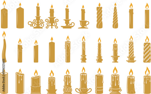 Candle icon set in flat vector style featuring decorative wax candles, burning flames, and elegant holders for celebration and interior design projects