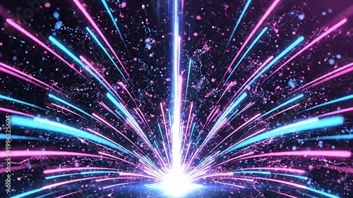 Futuristic neon energy beam hitting ground with light rays